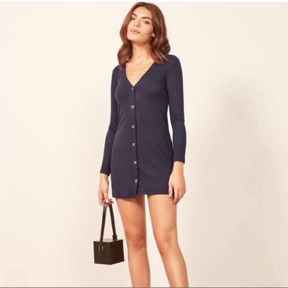Reformation long sleeve ribbed vneck button front Agatha dress S Navy blue - Picture 3 of 12